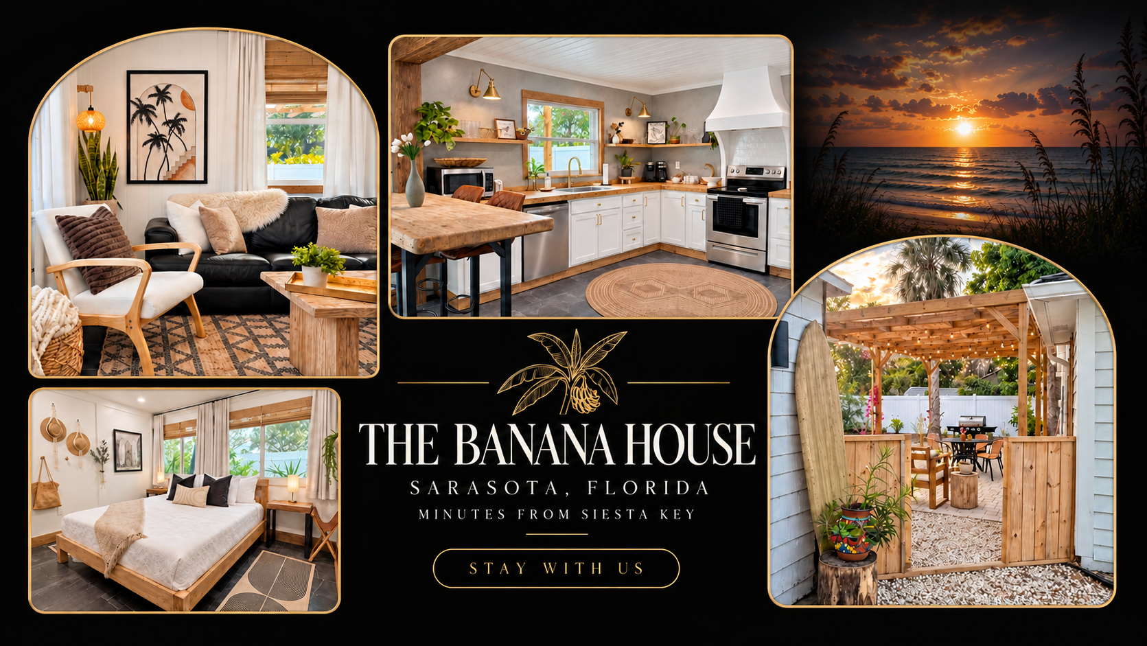 The Banana House in Sarasota, Florida, featuring its living room, kitchen, bedroom, patio, and nearby Siesta Key beach