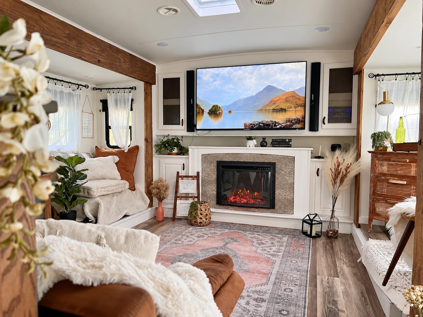 RV living area after renovation — bright, wood-accented design