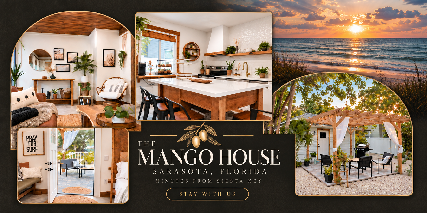 The Mango House in Sarasota, Florida, featuring its living room, kitchen, patio, and nearby Siesta Key beach